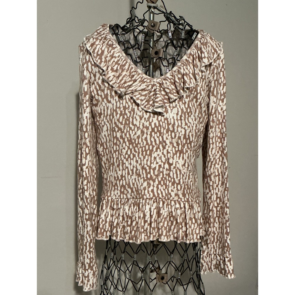 Sunny‎ Leigh Brown White Abstract Print Ruffle V-Neck Peplum Top Small SK372416